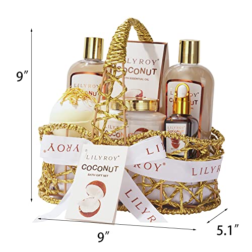 LILY ROY Perfumes Coconut Spa Gift Baskets Set for Women Men Bath and Body Gift Basket Spa Bath Gift Sets Bath Spa Kit Set Self Skin Care Gift Basket for Birthday Christmas Mothers Fathers Day