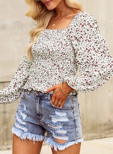 EVALESS Long Sleeve Tops for Women Off Shoulder Blouses Work Clothes for Women Business Casual Square Neck Floral Print Ladies Tops and Blouses Spring Fashion 2024 Concert Outftis Red Shirts, Large