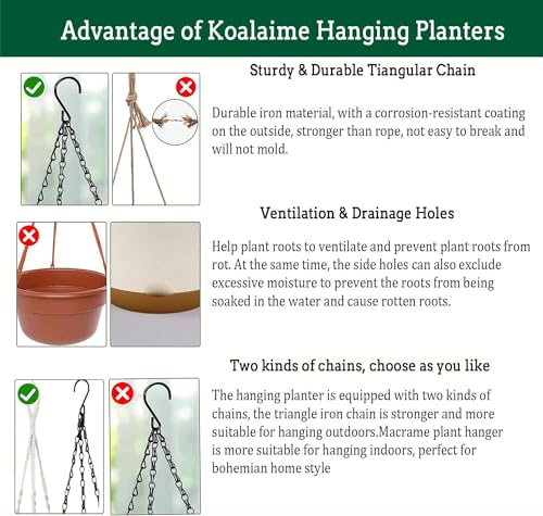 Koalaime 3 Pack Hanging Planters Set, 8 Inch Indoor Outdoor Hanging Plant Pot Basket,Hanging Flower Pot with Drainage Hole with 3 Hooks for Garden Home(8 inch Combination)