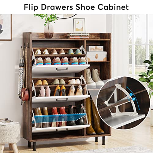 Tribesigns Shoe Cabinet, Flip Drawers Shoe Storage Cabinet for Entryway with 3 Flip Drawers and 5 Shelves, Freestanding Shoes Cabinet for Closet, Living Room, Bedroom, Brown & White