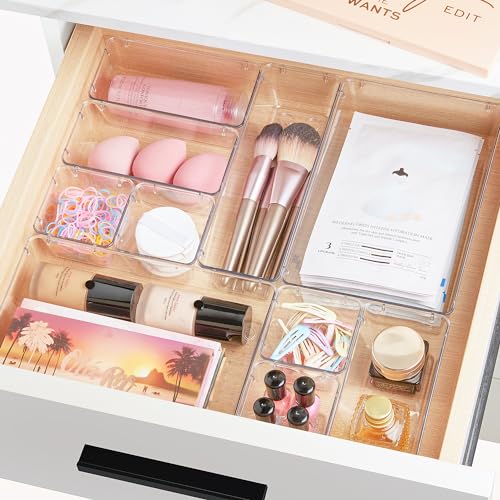 Vtopmart 44 PCS Clear Plastic Drawer Organizers Set, 4-Size Versatile Bathroom and Vanity Organizer Trays, Non-Slip Storage Containers for Makeup, Jewelries, Bedroom,Kitchen Utensils and Office