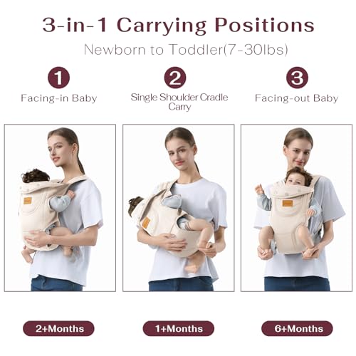 Shiaon Baby Carrier Newborn to Toddler, Cozy Baby Wrap Carrier(7-30lbs), Easily Adjustable Toddler Carrier, Lightweight Baby Holder Carrier, Beige