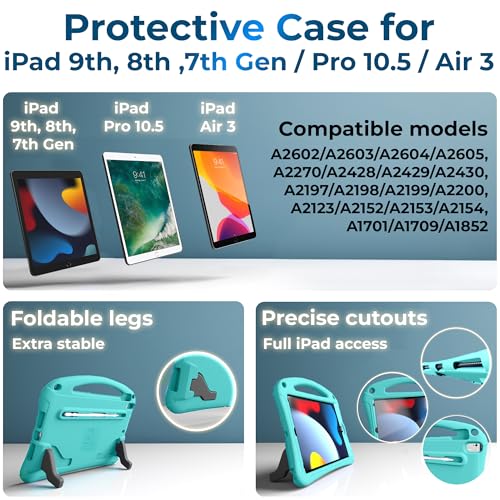 Bam Bino Space Suit iPad 9th Generation Case Kids, iPad 8th/7th/10.2 inch iPad Case for Kids | Lightweight Cover with Screen Protector, Handle, Stand, Shoulder Strap, Pencil Holder (Turquoise)
