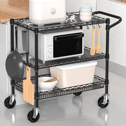 Folews Heavy Duty Rolling Cart with Wheels, 3 Tier Commercial Grade Utility Cart Metal Kitchen Storage Trolley Wire Cart Food Storage Cart Service Cart with Handle Bar & Shelf Liner, Black