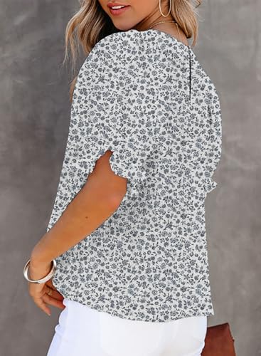 Dokotoo Cute Tops for Women Floral Print Round Neck Smocked Ruffle Short Puff Sleeve Blouses Stylish Summer Shirts Babydoll Chiffon Clothing for Women Resort Wear Sky Blue M