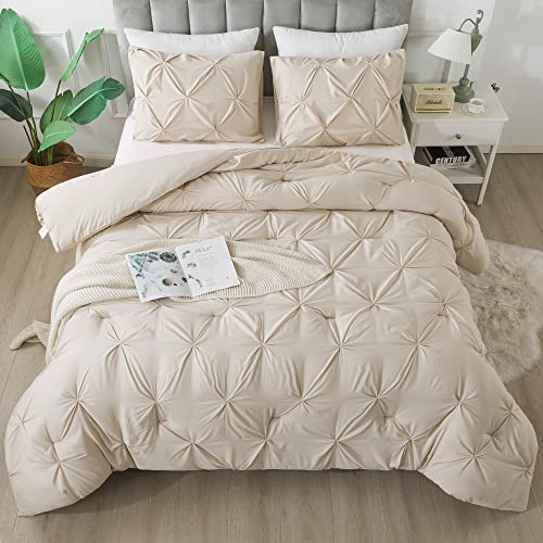 Andency Khaki Pinch Pleat Comforter Queen(90x90Inch), 3 Pieces(1 Pintuck Comforter and 2 Pillowcases) Pintuck Comforter Set, Microfiber All Season Down Alternative Bedding Set