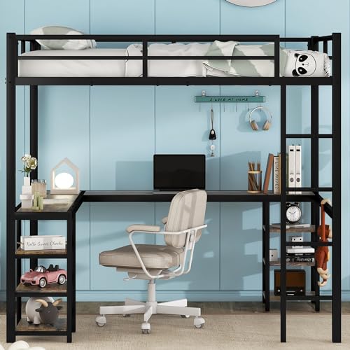 Full Size Loft Bed with Desk and Storage Shelves, Heavy Duty Metal Loft Bed with L-Shaped Desk and Ladder, Full Size Loft Bed for Kids, Teens, Black Loft Bed Full Size