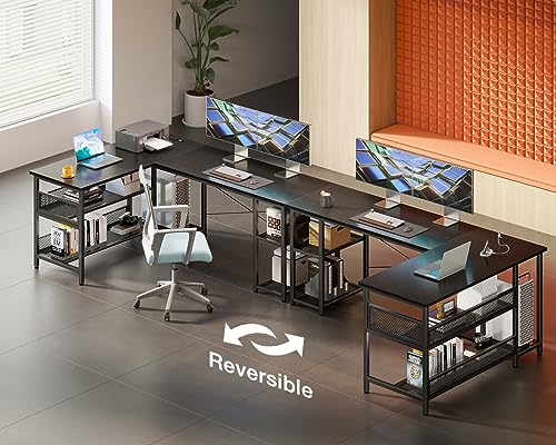 ODK 59" L Shaped Desk with Power Outlet and USB Charging Ports, Reversible L Shaped Computer Desk with Storage Shelves, Home Office Desk, Gaming Desk, Corner Desk, Black