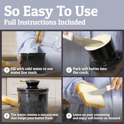PriorityChef French Butter Crock with Lid, Get on Demand Spreadable Butter, Ceramic Butter Keeper to Leave on Counter with Water Line, White
