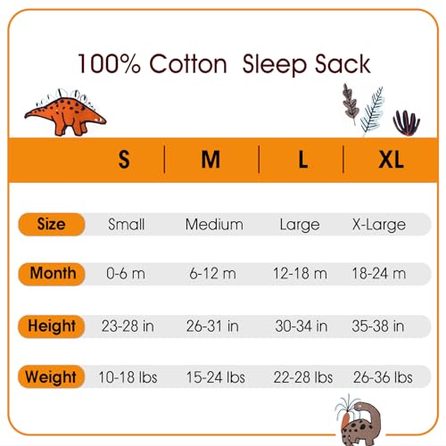 PHF Baby Sleep Sack 0-6 Months 3 Pack 100% Cotton Baby Wearable Blanket, 2-Way Zipper 0.5 TOG Toddler Sleeping Sack, Comfy Sleep Bag for Baby Boys Girls, Dinosaur (Small)