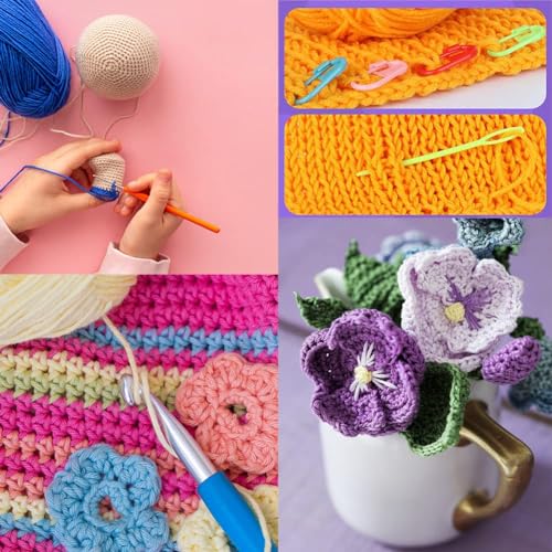 Katech 65 pcs Yarn Crochet Kits - Different Sizes Crochet Hooks Set DIY Yarn Weaving Tools Ergonomic Crochet Needles with 16 pcs Colorful Yarn Skeins for Crochet Lovers to Crochet and Knit (Blue)