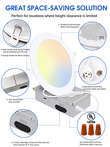 Energetic 6 Pack 6 Inch 5CCT Ultra-Thin LED Recessed Ceiling Light with Junction Box, 2700K/3000K/4000K/5000K/6500K Selectable, 12W 120W Eqv, 900LM, Dimmable Canless Wafer Downlight, IC Rated, ETL&FCC