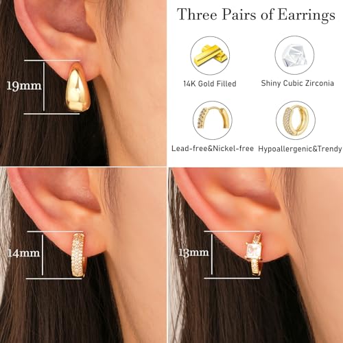 Gold Hoop Earrings Set for Women, Small Cubic Zirconia Gold Earrings Sets for Multiple Piercing, Hypoallergenic Chunky Gold Earrings for Women Jewelry