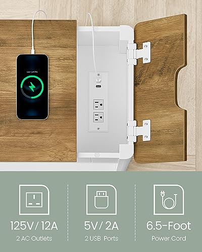 VASAGLE Side Table with Charging Station, End Table with USB Ports and Outlets, Nightstand with Storage, for Living Room, Bedroom, Modern Farmhouse Style, Rustic Walnut and White ULET318T14V1