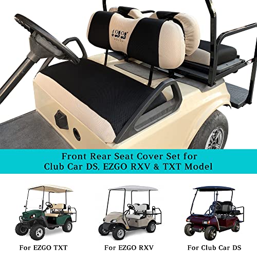 10L0L Golf Cart Front Rear Seat Cover Set for EZGO TXT RXV & Club Car DS 2000-up(Flat Backrest), Made of 3D Air Mesh Polyester Fabric Breathable Washable, Black