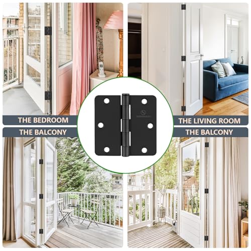 SORGMACH Door Hinges 3 1/2 Inch Matte Black 3.5 Inch Interior Hinges 1/4" Radius Iron Hinge 3 ½"x 3 ½" Door Hardware - 18 Pack
