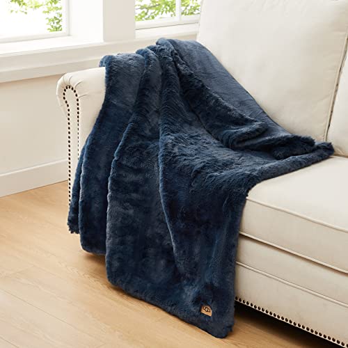 UGG 16804 Euphoria Plush Faux Fur Reversible Throw Blanket Easy Care Machine Washable Luxury Cozy Fuzzy Fluffy Luxurious Home Decor Luxurious Soft Blanket for Sofa, 70 x 50-Inch, Indigo