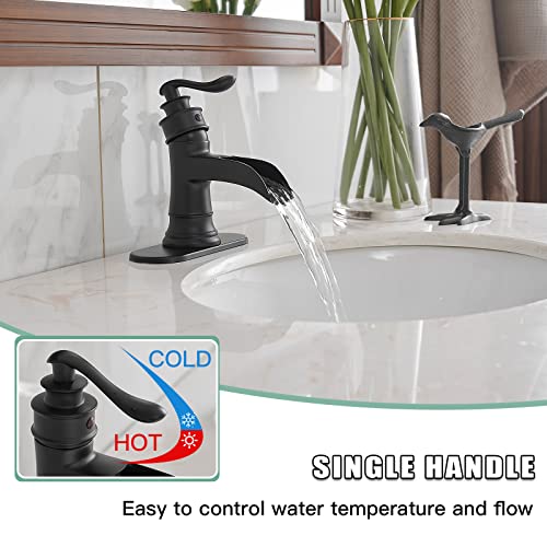 BWE Black Bathroom Faucet Matte Waterfall Sink Farmhouse Bath Vanity Single Hole Faucets One Handle Basin Antique centerset Restroom Mixer Tap Supply Line Lead-Free