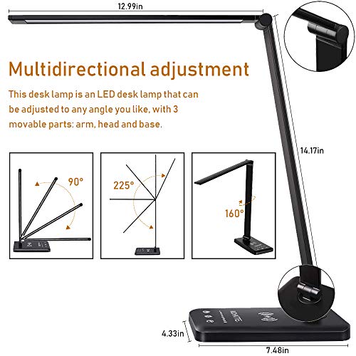 MCHATTE LED Desk Lamp with USB Charging Port, Dimmable Eye-Caring Table Lamps with Wireless Charger, 5 Brightness Levels & 5 Lighting Modes, Touch Control, Auto Timer