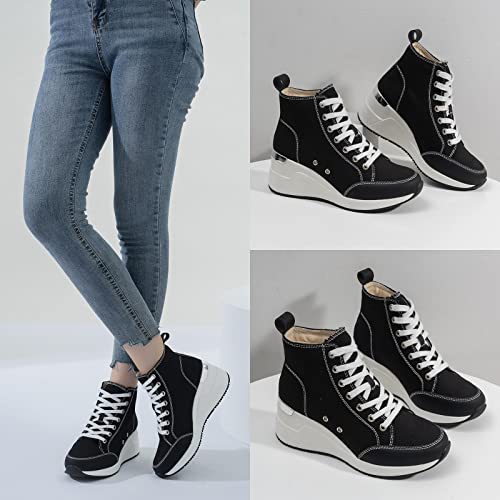 Cestfini High Top Wedge Sneakers for Women Breathable Fashion Platform Sneakers Lace up Womens Canvas Shoes W143-RTW15-BLUE Flower-6