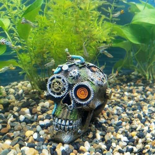 RVQIGYP Aquarium Decoration Creative Fish Tank Decoration Machine Skeleton Decoration Fish and Shrimp Dodge House Beta Fish Tank Decoration Halloween Skeleton (Mechanical Skull)