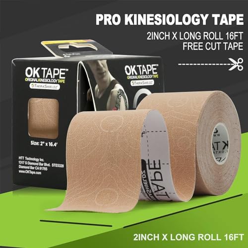 OK TAPE Uncut Kinesiology Tape Roll, Pro Adhesive & Water-Resistant k Tape, for Pain Relief, Muscle Support, Versatile Kinetic Tape, 2" x 16.4'-Beige