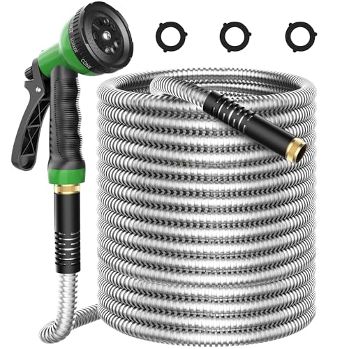 EONFAY Metal Garden Hose 50ft, Stainless Steel Water Hose Leak-Proof w/10 Function Sprayer Nozzle, 3/4" Fittings Flexible Garden Hose, Long-Lasting, Lightweight, No-Kink Water Hose, for Yard and Lawn