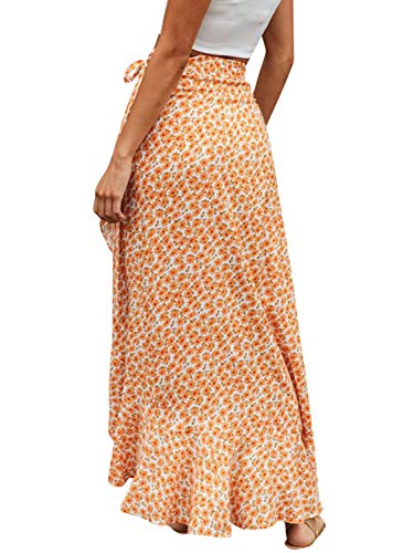 BerryGo Women's Boho Floral Wrap Maxi Skirt Sarong Coverups High Waisted Long Skirt with Slit Orange-S