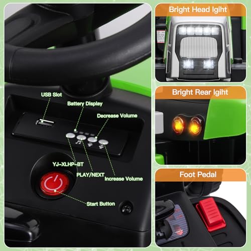 SEHOMY Kids Ride on Tractor with Trailer and 25W Dual Motors, 12V Battery Powered Electric Kids Car Vehicle Toys with Remote, 3-Gear-Shift, Music, LED Lights,USB, Power Wheels for Boys Green