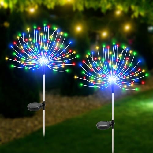 Slyuexu Solar Garden Lights Outdoor Waterproof, 2 Pack 120 LED Solar Firework Lights Decorative Garden Décor Outside for Flowerbed Halloween Christmas Decorations, White