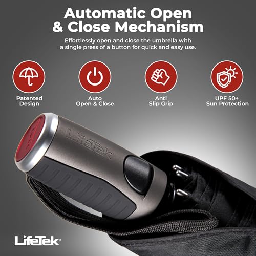 LifeTek Traveler 42 FX1 Windproof Travel Umbrella, Automatic Open Close, Compact for Rain and Sun, Fits in Purse or Backpack, Strong Lightweight Durable Frame, UV Protection, Small and Portable Black