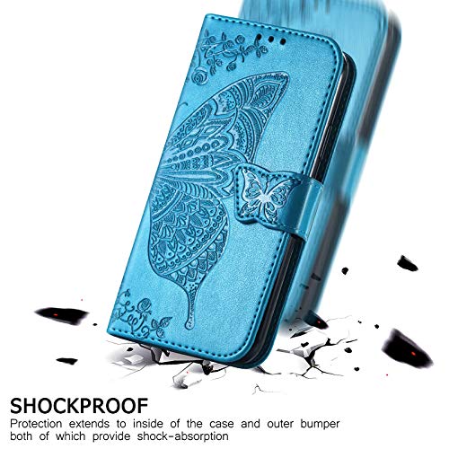 Wallet Case for Samsung Galaxy A25 5G,Women Flip Folio PU Leather Protective Case Wrist Strap Card Slots Holder Purse Emboss Butterfly Flower Stand Flip Case for Samsung Galaxy A25 5G Blue