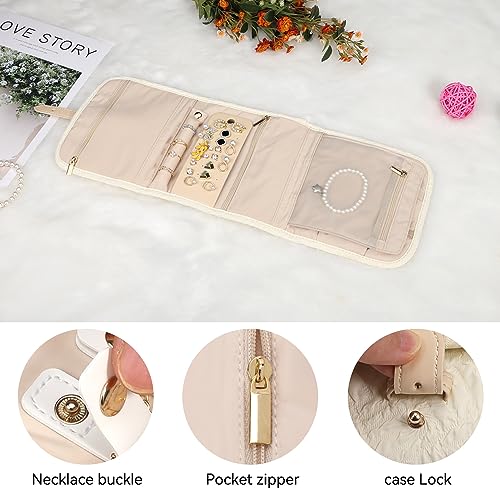 Voova Travel Jewelry Holder Organizer Case, Small Jewelry Storage Bag for Women Girls, Foldable Traveling Jewellery Pouch Roll for Necklaces Rings Earrings Bracelets, Mini, Apricot