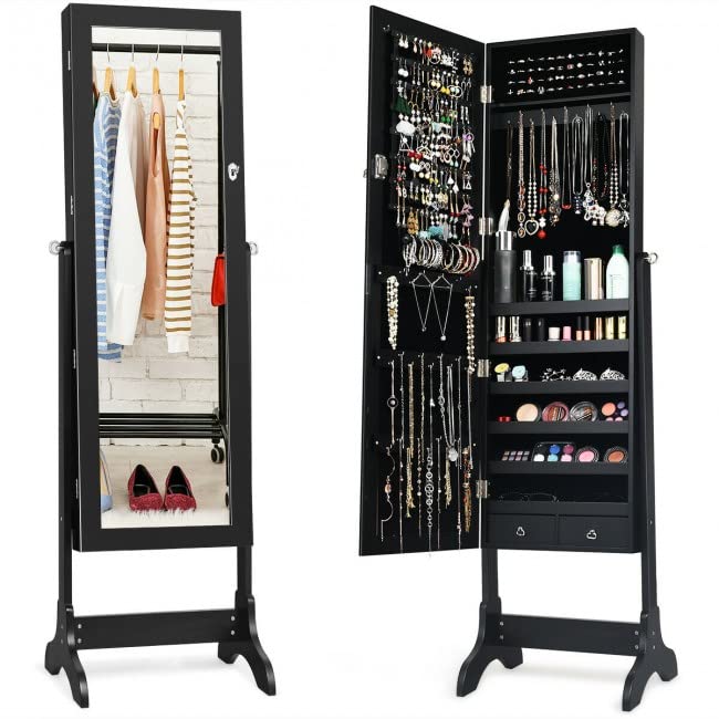 WATERJOY Jewelry Organizer with Full Body Standing Mirror Jewelry Holder Storage 4 Angle Adjustable Lockable Jewelry Cabinet Jewelry Armoire