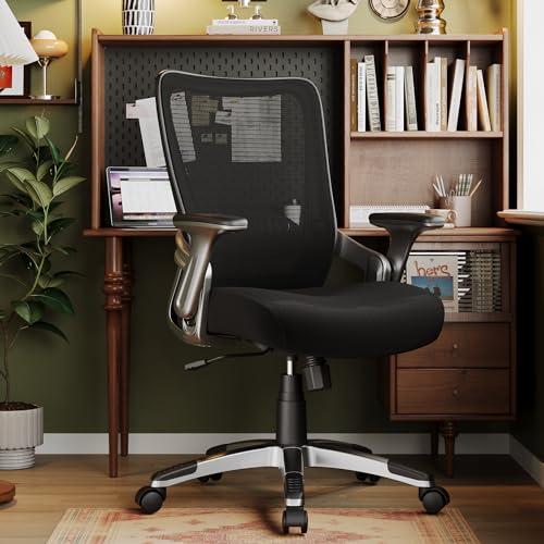 Ergonomic Office Desk Chair, Mesh Computer Gaming Chair with Adjustable Flip-Up Arms, Lumbar Support, Tilt Function, Comfy Wide Seat, Swivel Wheel, Sturdy Big and Tall Task Chairs for Adults Students