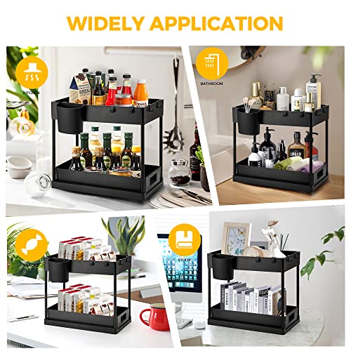 Ravinte 1 Pack Pull Out Under Sink Organizer 2 Tier Multi Purpose Sink Organizers Storage For Bathroom Kitchen Sink Storage Organizer With Hook & Hanging Cup Matte Black Sliding Cabinet Organizer