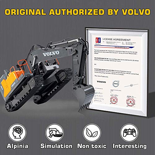 DOUBLE E Volvo RC Excavator 17 Channel 3 in 1 Construction Toys, 17 Channel Remote Control Vehicles Tractor Sandbox Toys Digger with Metal Shovel Drill Grab RC Truck for Kids Adults