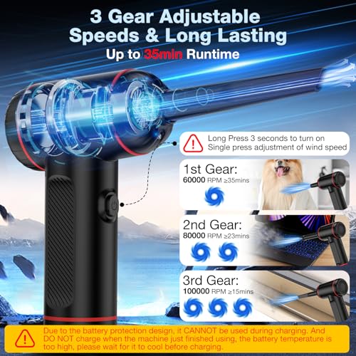 Compressed Air Duster, MARLALL 3 Gear Adjustable Cordless Air Blower & Hand Pump Car Cleaner Portable Rechargeable 100000RPM Mini Handheld Computer Keyboard Duster Cleaner with LED Light