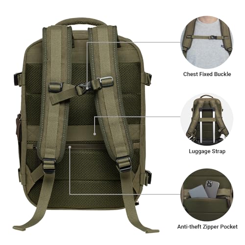 KAUKKO Thick Canvas Travel Backpack, Flight Approved Carry On Backpack with Shoe Pouch and 15.6 inch Laptop Compartment, 40L Luggage Casual Daypack Weekender Bag 10-ARMYGREEN