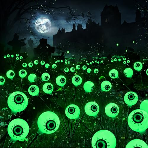 BrizLabs Solar Halloween Lights, 2 Pack 12 LED Halloween Eyeball Lights, 2 Modes Outdoor Halloween Lights, Swaying Eye Firefly Pathway Lights, Green Halloween Solar Lights for Path Yard Garden Lawn