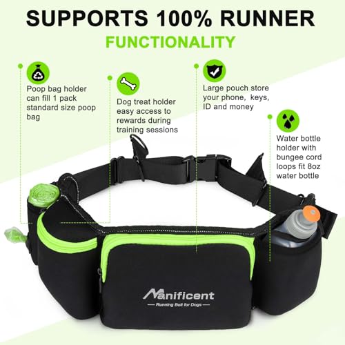 Manificent Hands Free Dog Leash for Medium Large Dogs, Wide Padded Waist Leash Bungee Leash Dog Running Leash for Dog with Reflective Stitching for Walks, Jogging, Running, Hiking, and Dog Training