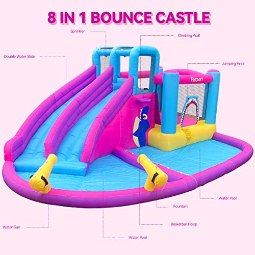 Inflatable Bounce House Water Slide Park, Double Slide Bouncer Castle with Climbing Wall, Bouncy Castle with 550W Air Blower for Indoor Outdoor Play Backyard
