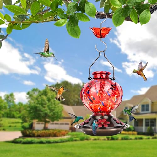 BOLITE Hummingbird Feeder, Hand Blown Glass Hummingbird Feeders for Outdoors Hanging, 22 Ounce, Five Feeding Ports with Perch, Peony Flower Shape, Red