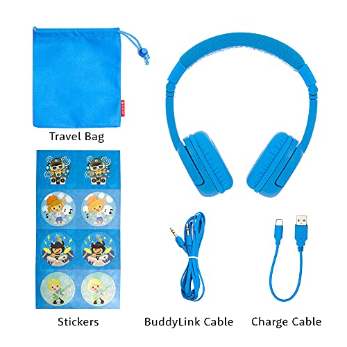 BuddyPhones Play+, Wireless Bluetooth Volume-limiting Kids Headphones, 75-85-94dB, 20-Hours Battery Life, Built-in Microphone, On-Ear Headset for School or Travel, Perfect for iPad, Tablet, CoolBlue