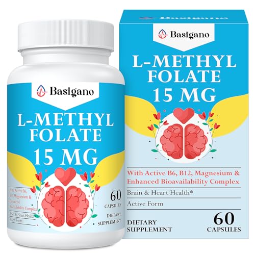 Basigano 15mg L Methylfolate (5-MTHF)- Active Folic Acid-Enriched with Vitamins B6 and B12-60 Vegetarian Capsules - Non-GMO, Gluten-Free