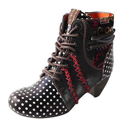 TMA EYES Boots for Women Lace-up Polka Dot Chunky Heels Ankle Boots(White,6)