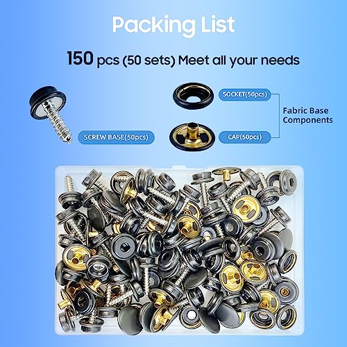 Canvas Snap Kit, Stainless Steel Snaps Marine Grade Snaps for Boat Cover - Snap Kit for Boat Cover 3/8" Socket Metal Snaps Fasteners for Clothing Leather Fabric Canvas150 PCS