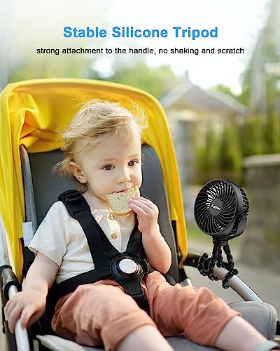 Coohea Stroller Fan Battery Operated Portable Fan USB Rechargeable Small Fan with Flexible Tripod Cooling Fan Clip on for Baby Stroller Car Seat Bike Golf Cart Beach Trip Outdoor, 3 Speeds Wind, Black