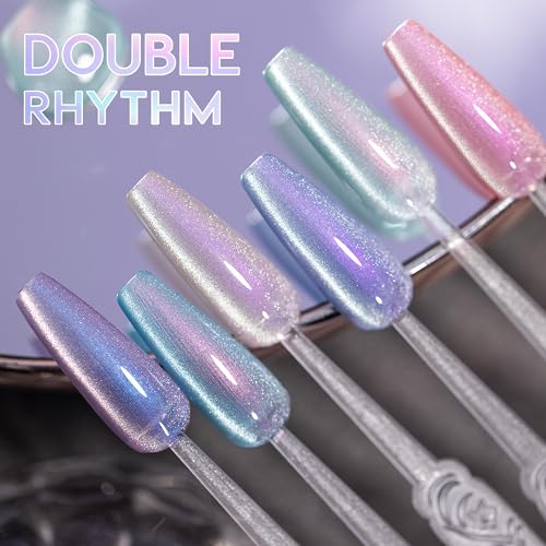 Double Rhythm Cat Eye Gel Nail Polish Set of 6 Colors Shimmer Glitter with Magnet 9D Holographic Reflective Magnetic Nail Polish (Purple Orange Blue Green Pink-Kit 33)