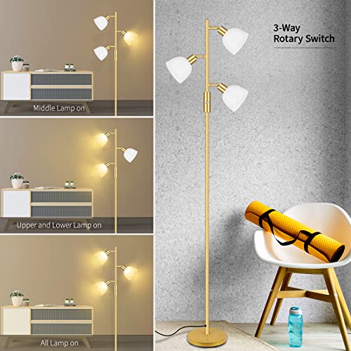 BoostArea Floor Lamp, Standing Lamp, Gold Torchiere Floor Lamp with 3 Adjustable Rotating Lights, 3 Way Switch, 3PCs E12 4W LED Bulb Included, Metal Pole Lamps for Living Room, Bedroom, Home, Office